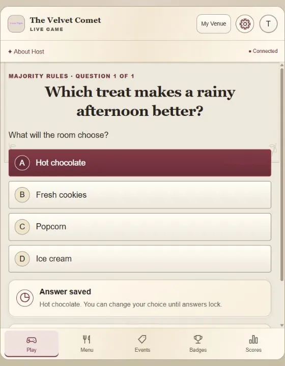 The matching fictional Majority Rules question in the Player experience