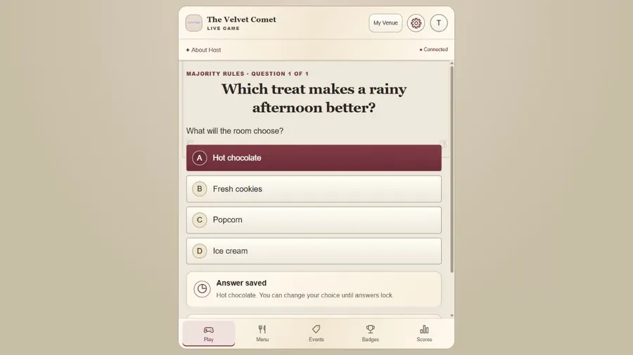 Fictional Majority Rules player screen asking which treat the room will choose.