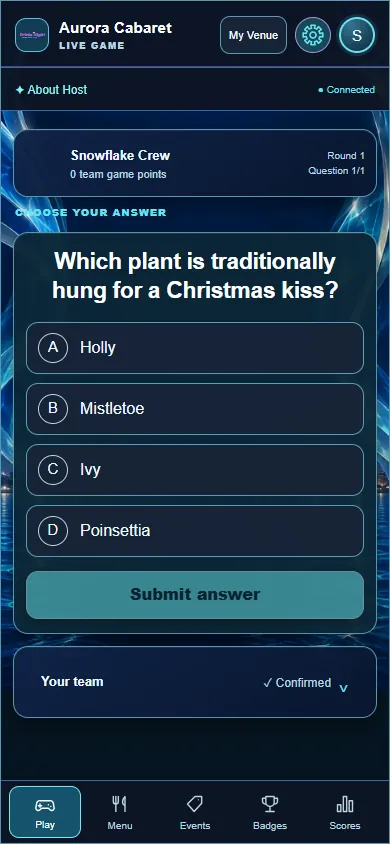 Fictional Trivia player screen showing a multiple-choice question and answer buttons.